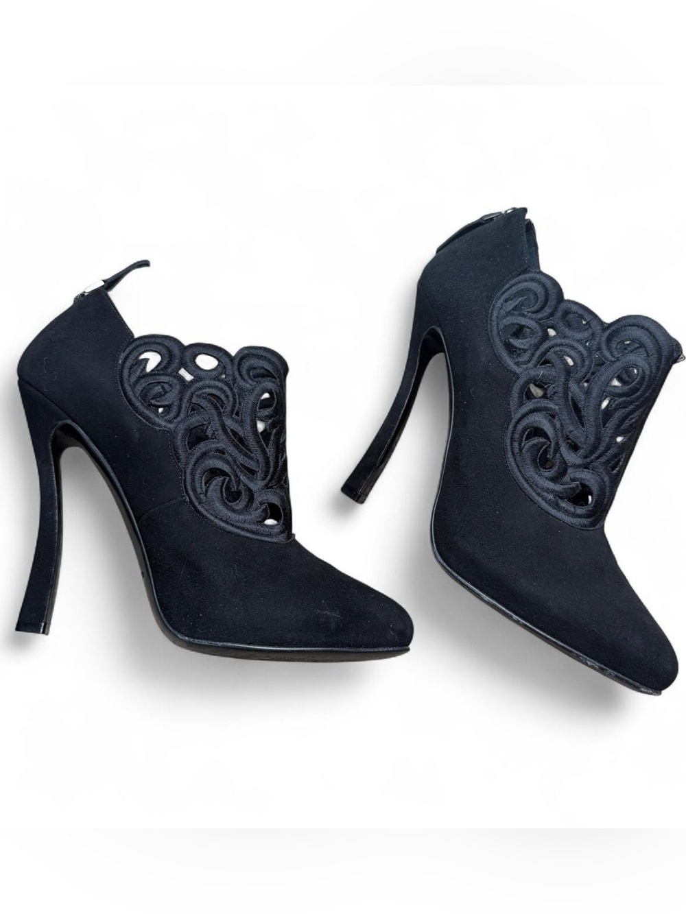 Emporio Armani Black Embroidered Cutout Ankle Booties Heels 36.5